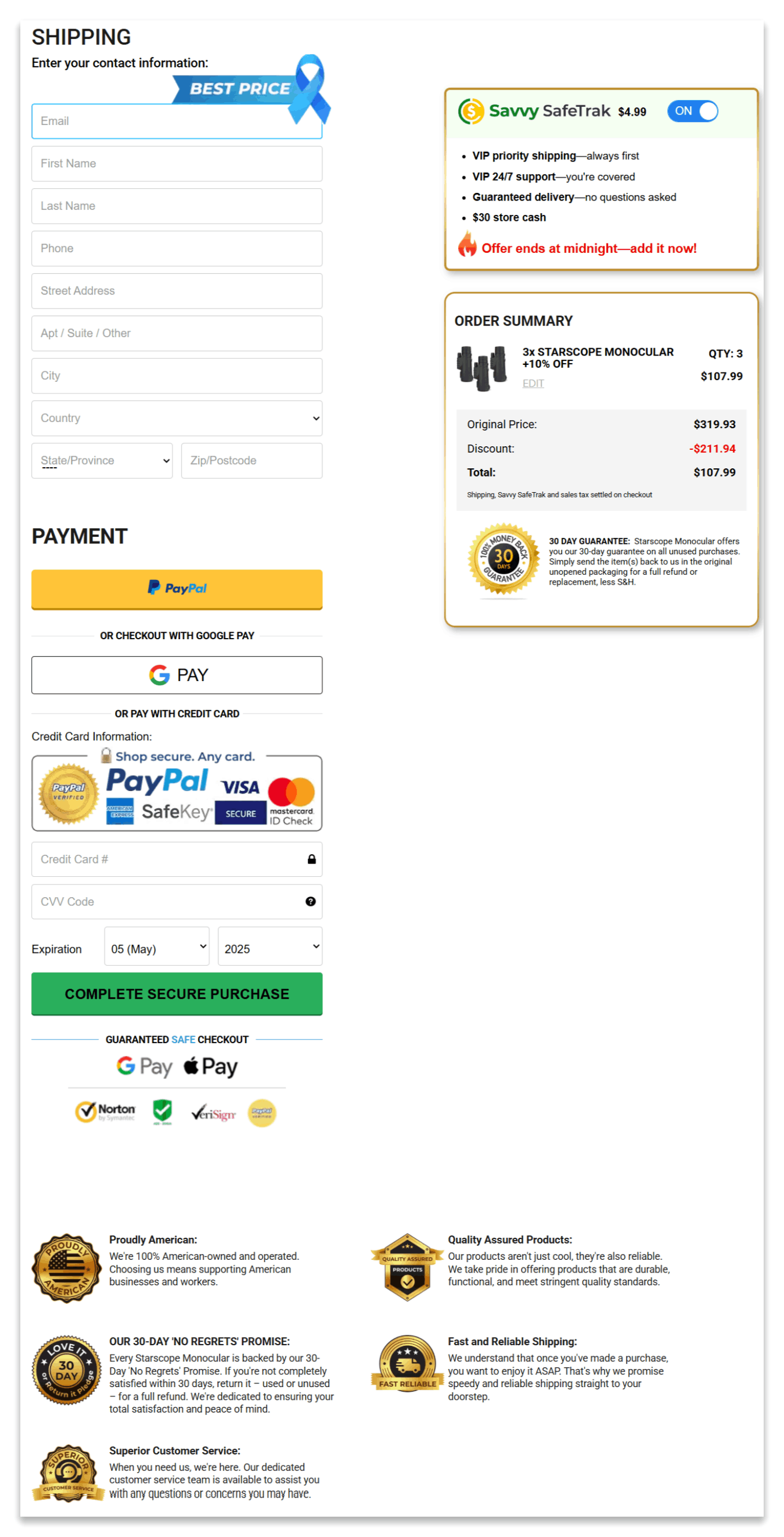 Starscope Monocular checkout page